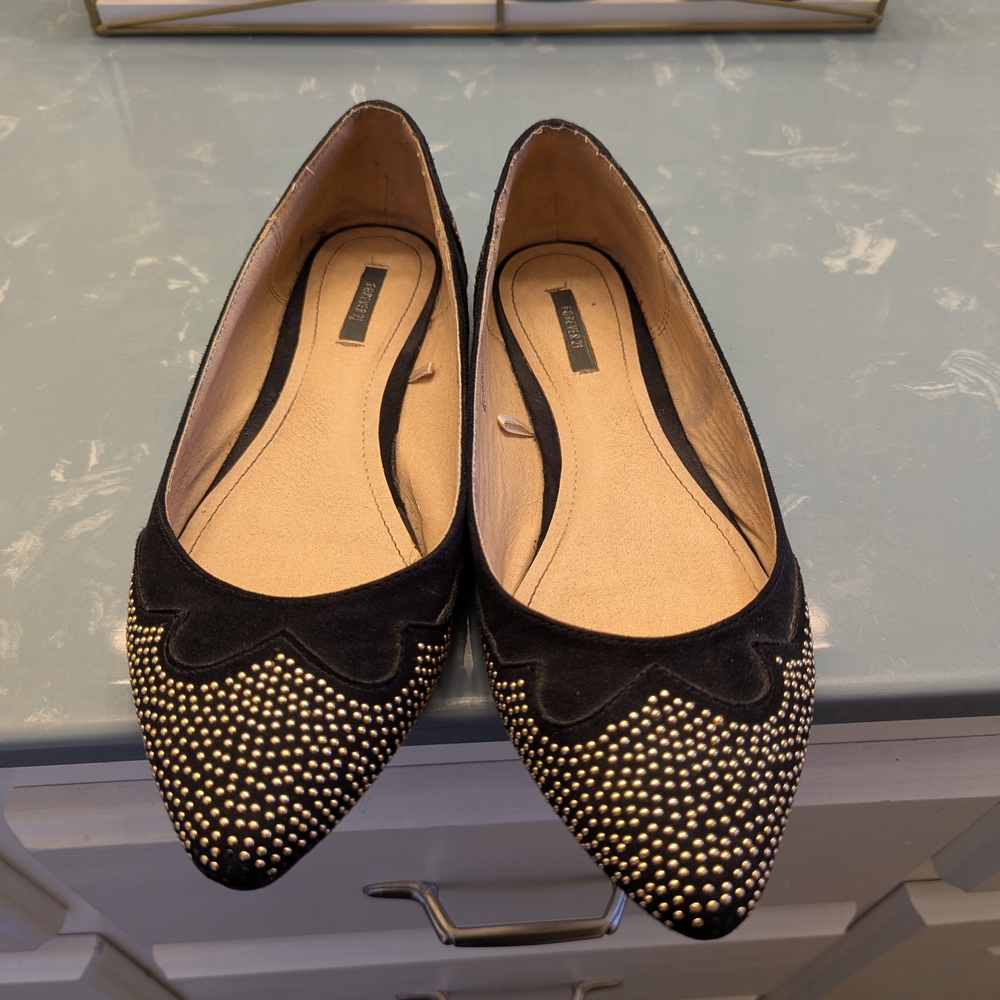 Forever 21 Black Pointed-Toe Flats with Gold Studs